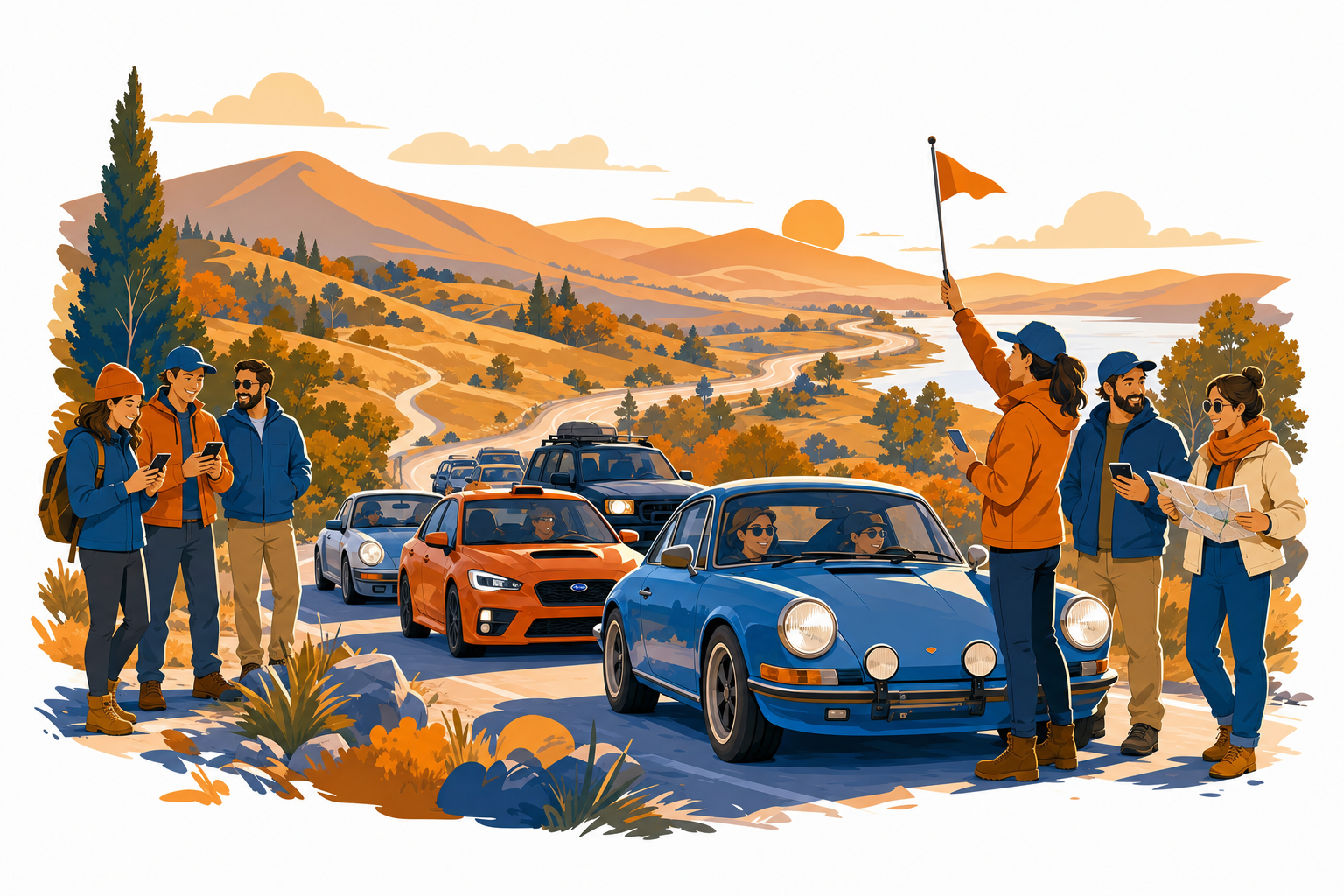 A lineup of cars and participants at a rally checkpoint during golden hour, ready for the road ahead