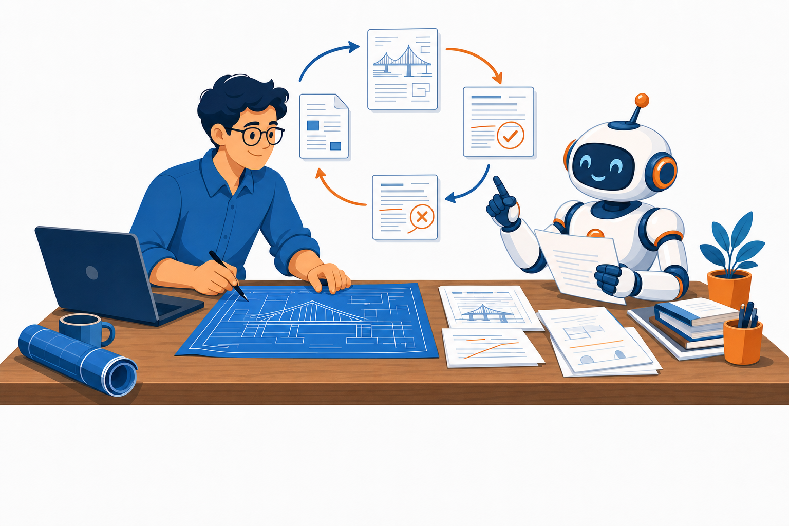 A person and a friendly robot reviewing blueprints and documents together at a desk, with iterative feedback arrows