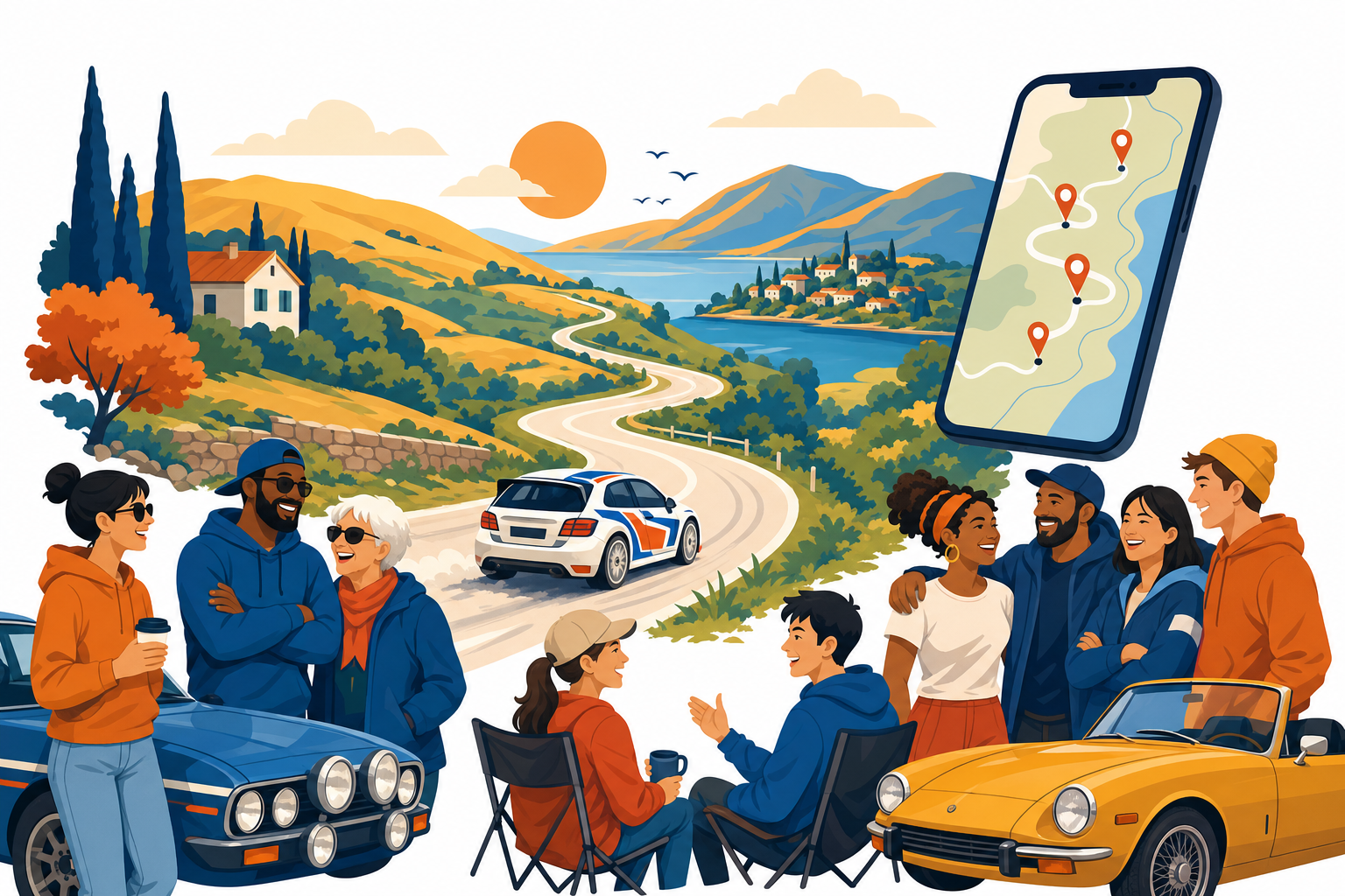 A rally community gathers beside classic and modern cars along a winding road, with a smartphone showing a route and checkpoints
