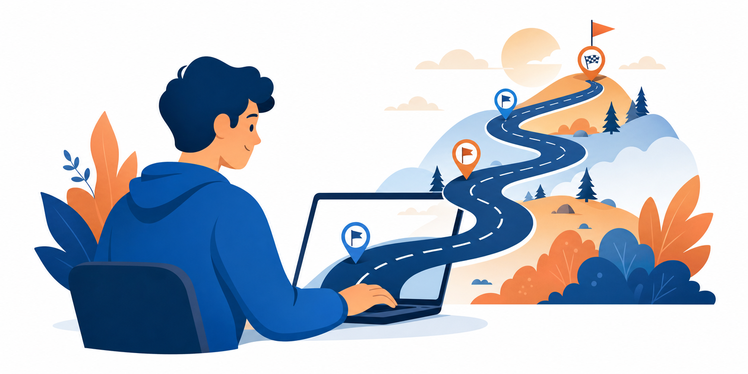 A person at a laptop with a winding road and checkpoint markers emerging from the screen, representing the story behind CPRally